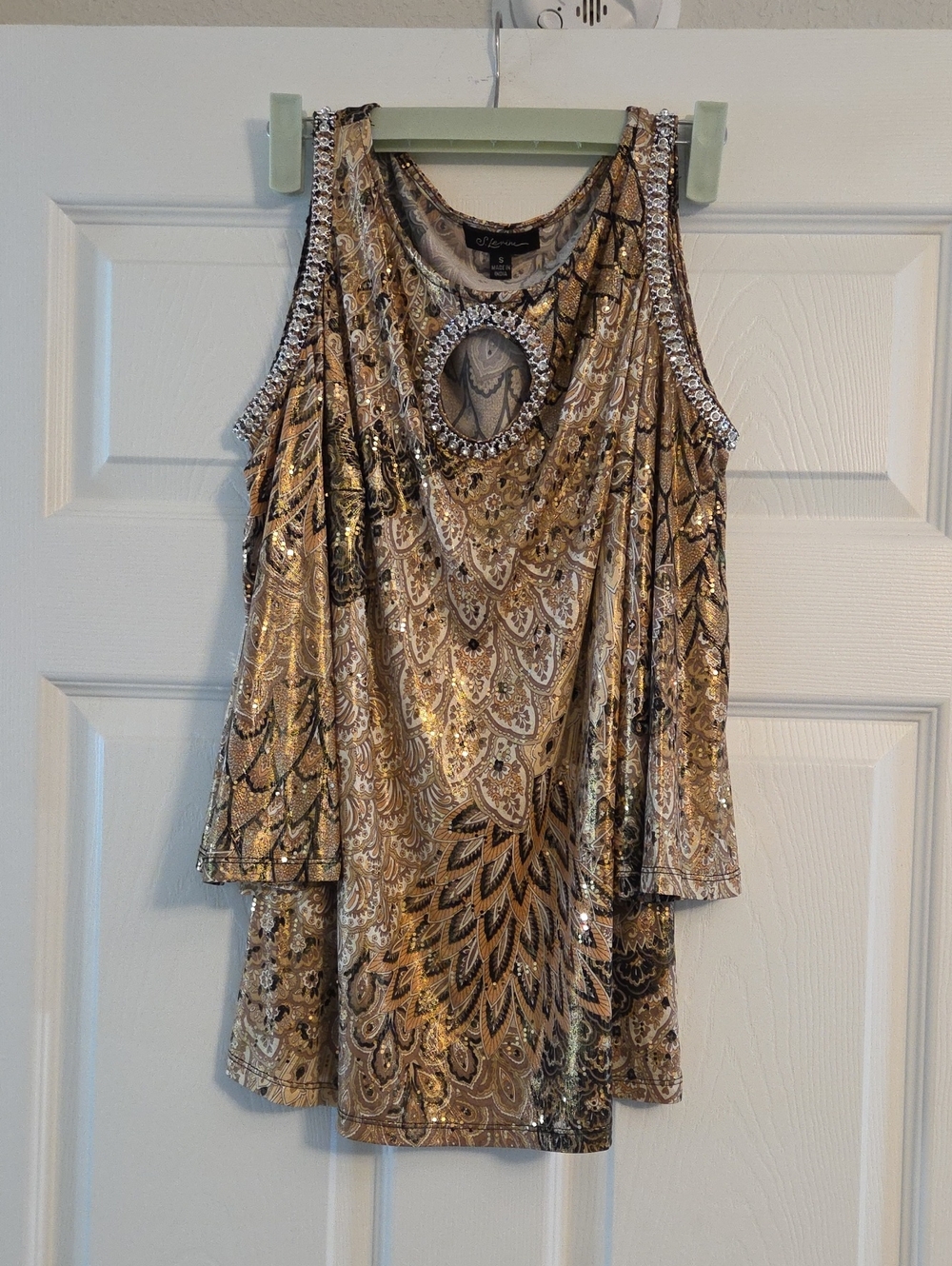 Seven7 Gold and Black Sequin Cold-Shoulder Tank with Embellished Keyhole